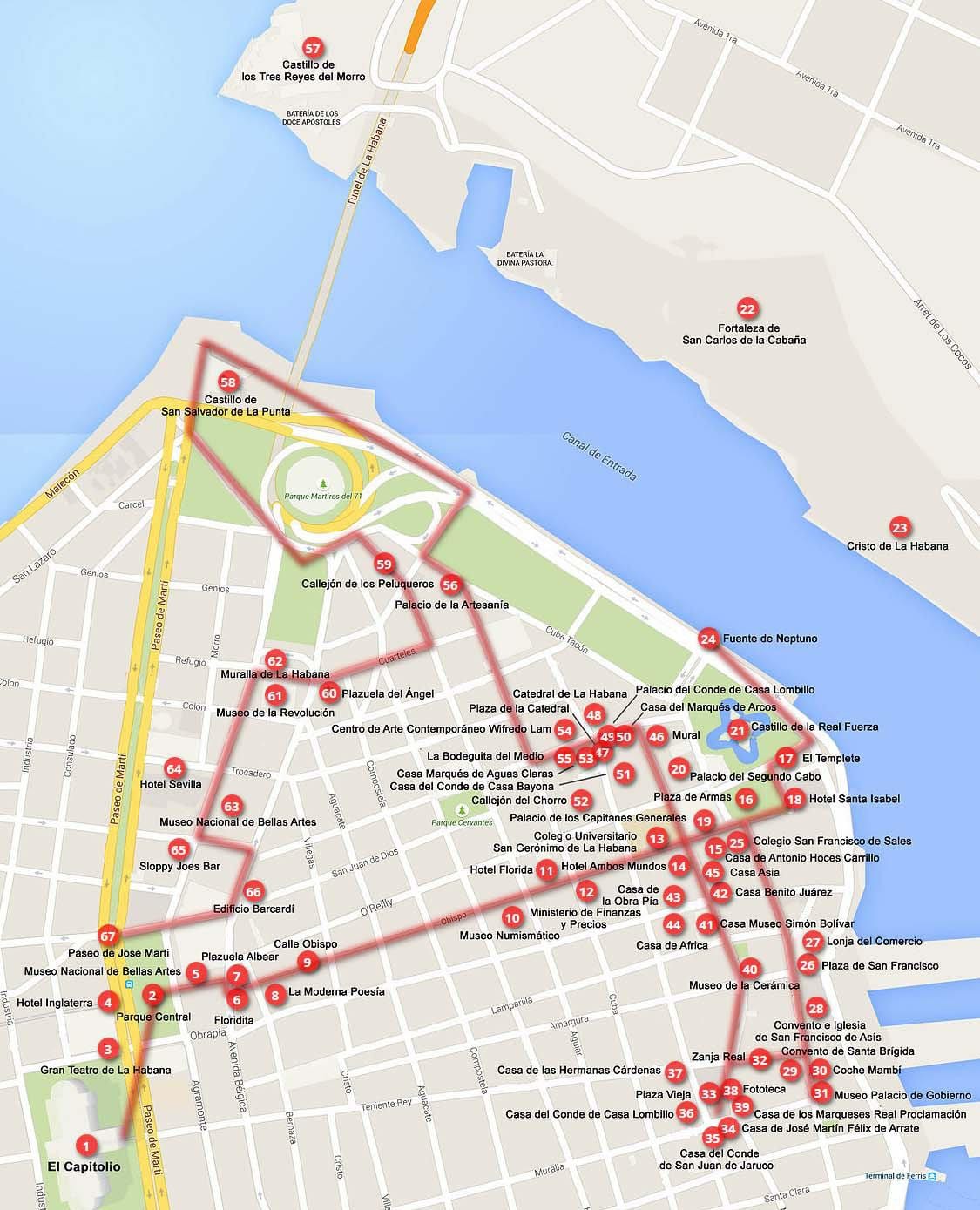 mapa de la Habana recorrido a pie